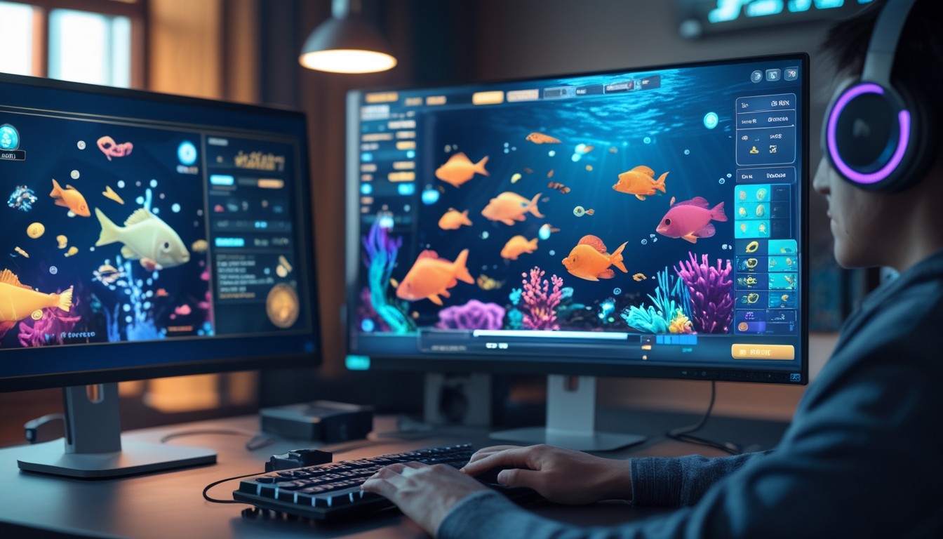 Seorang pemain menggunakan komputer dengan layar menampilkan permainan tembak ikan online berwarna-warni di ruangan gaming yang modern.