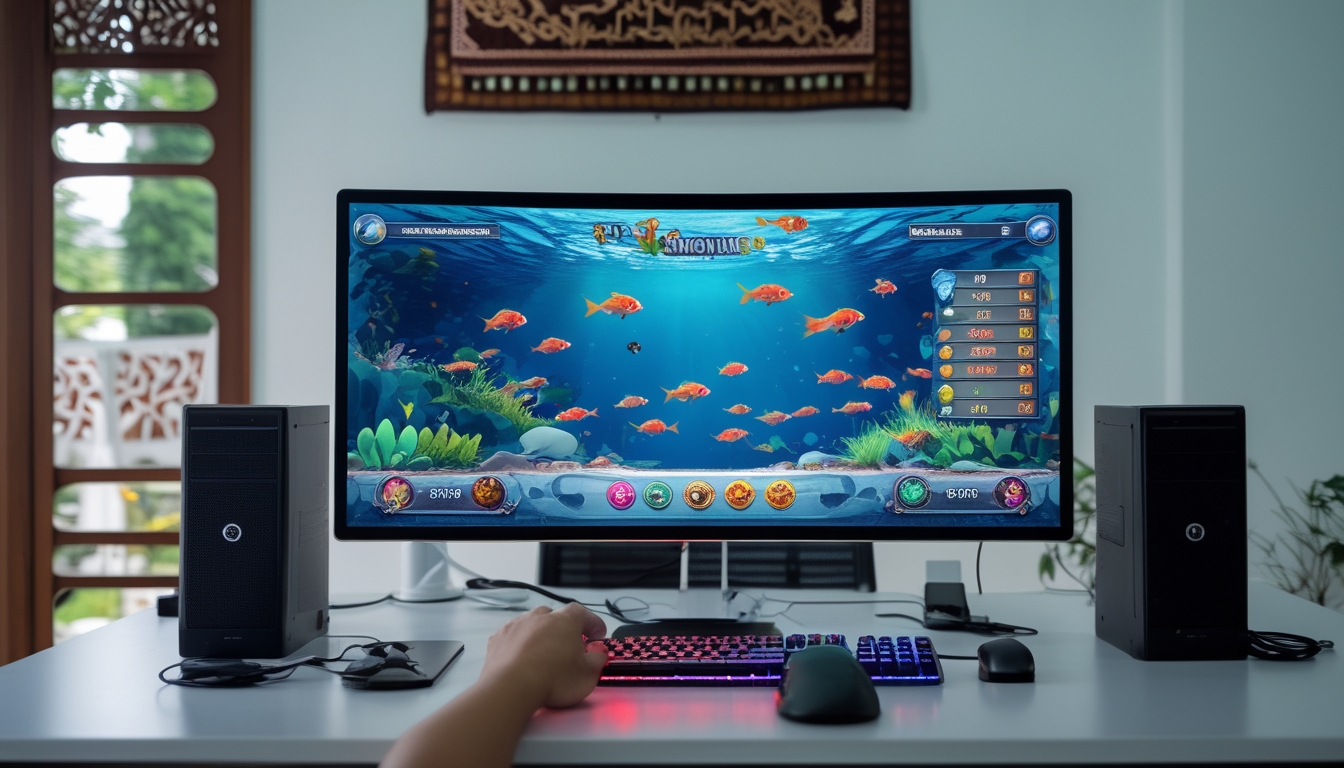 Meja kerja dengan komputer menampilkan permainan tembak ikan berwarna-warni, dilengkapi aksesori gaming dan hiasan tradisional Indonesia di latar belakang.