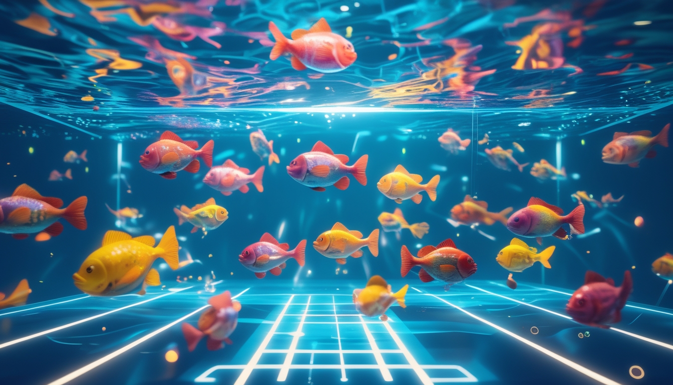 Adegan permainan memancing ikan digital dengan ikan berwarna-warni di dalam air biru yang jernih dan antarmuka permainan modern.