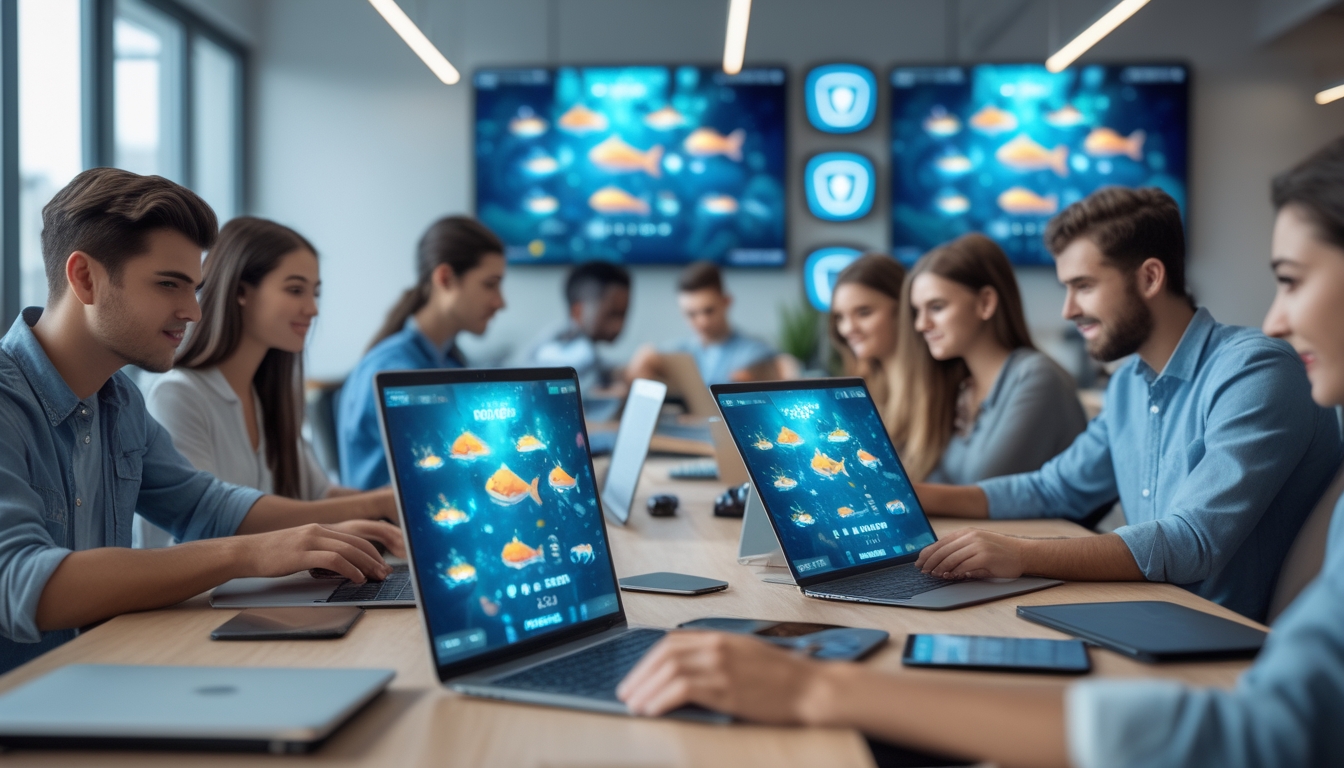 Sekelompok orang muda menggunakan perangkat digital di ruang kantor yang terang, bermain game tembak ikan dengan latar bawah laut.