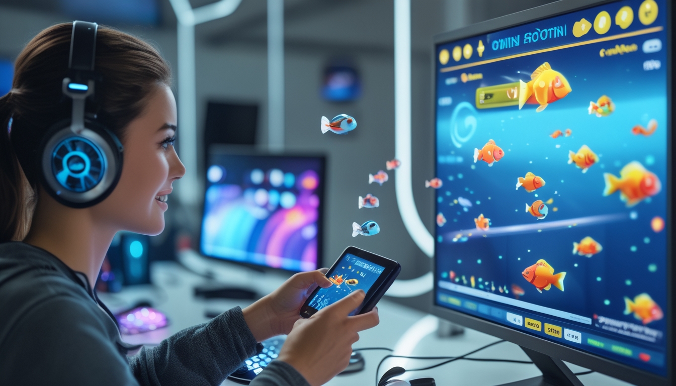 Seorang pemain menggunakan perangkat layar sentuh untuk bermain permainan tembak ikan dengan latar belakang meja kerja yang rapi dan peralatan gaming.