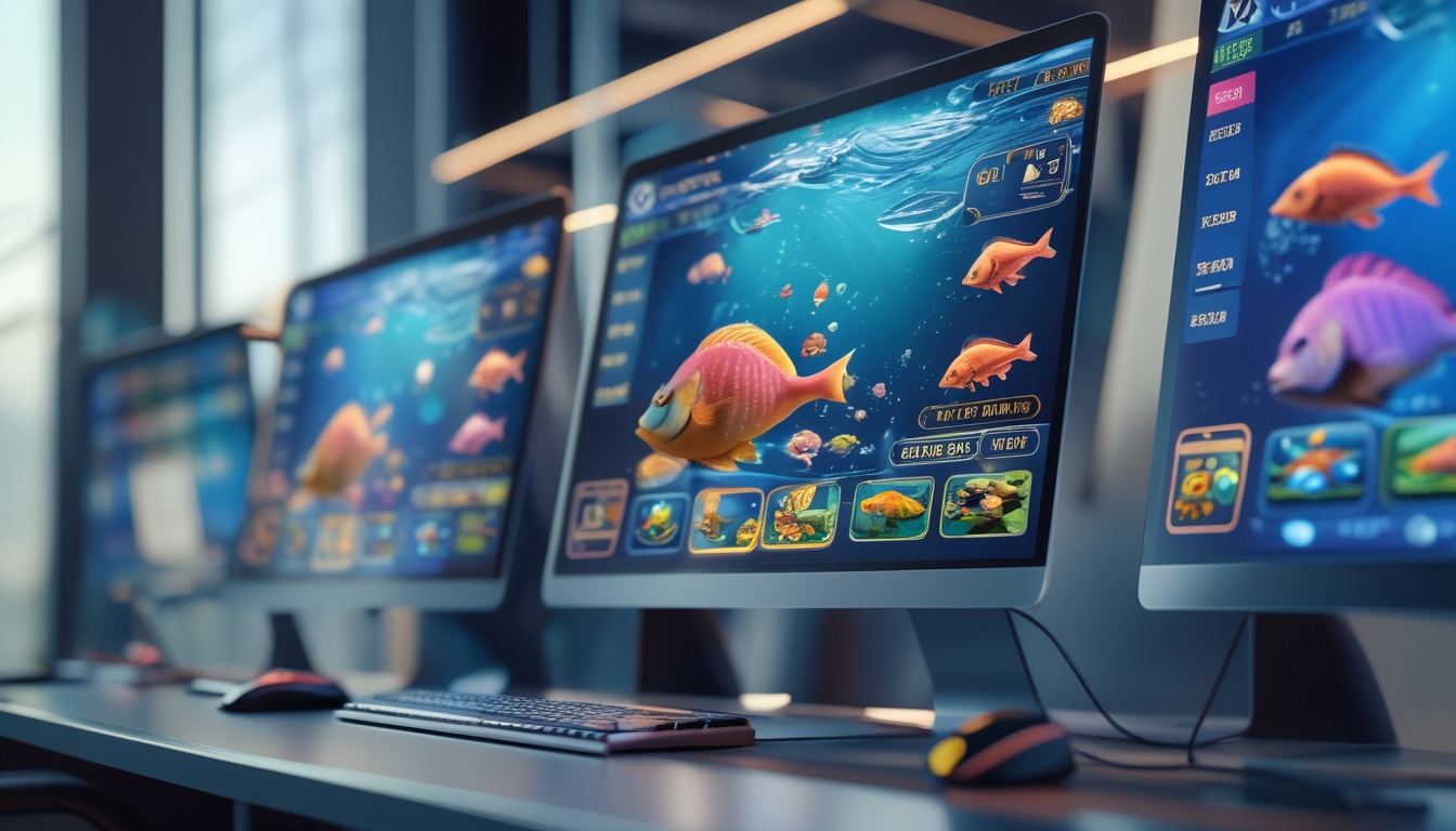 Sebuah setup komputer modern dengan beberapa layar menampilkan grafik permainan ikan yang berwarna-warni dan detail di lingkungan bawah laut.