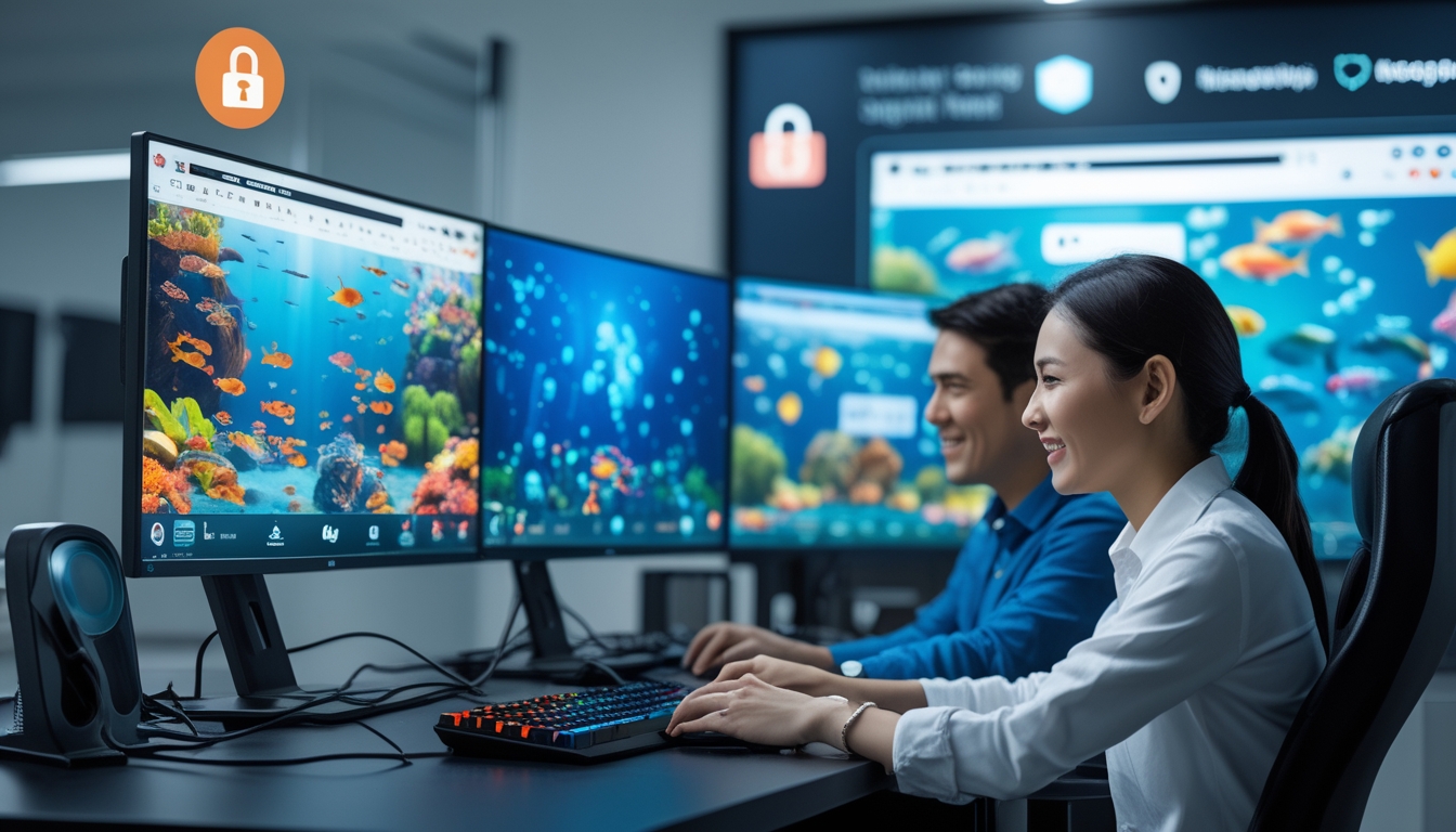 Dua orang dewasa sedang bermain permainan tembak ikan di komputer dengan latar ruangan gaming yang rapi dan pencahayaan terang.