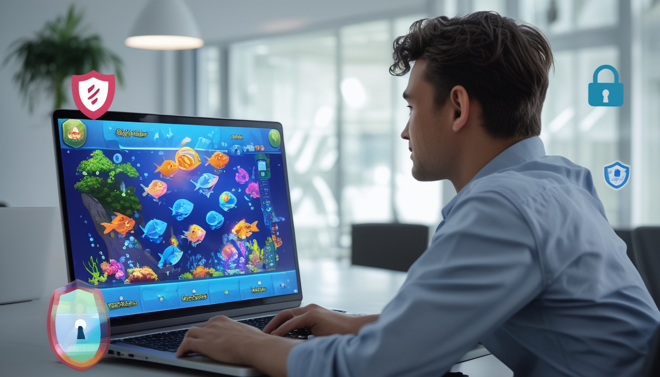 Seorang pria menggunakan laptop di kantor modern dengan layar menampilkan permainan tembak ikan, menunjukkan suasana aman dan terpercaya.