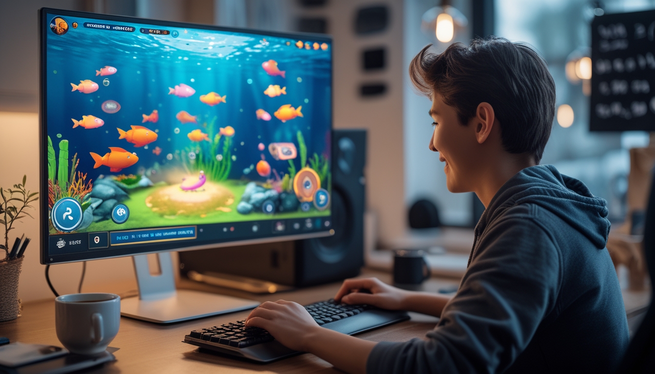 Seorang pemain muda sedang bermain game tembak ikan di komputer dengan layar penuh warna dan suasana nyaman di sekitarnya.