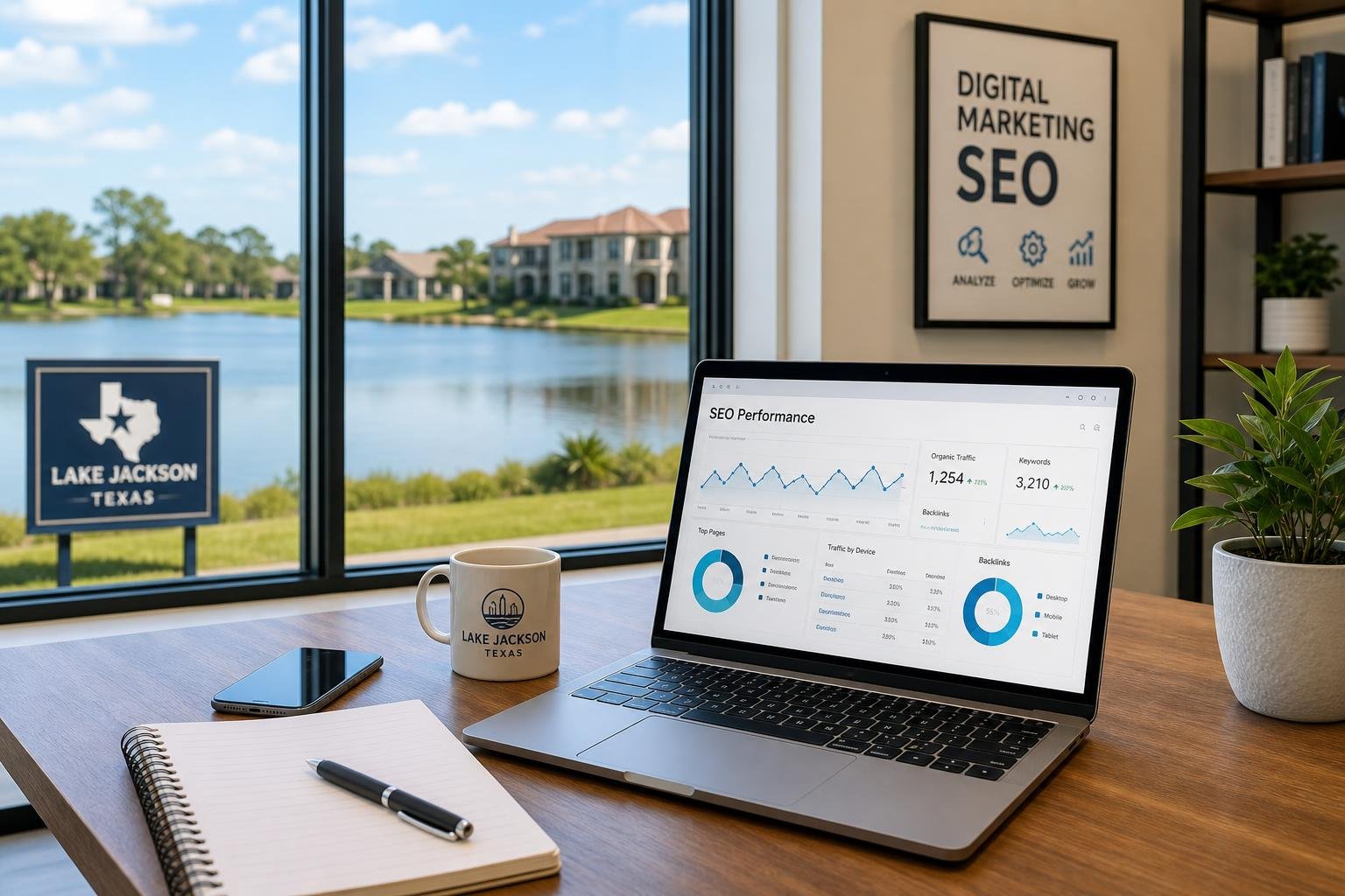 A modern office workspace with a laptop showing analytics, overlooking a calm lake and greenery outside large windows.
