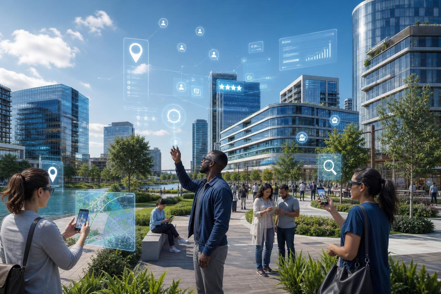 A modern cityscape of Lake Jackson, Texas with people using digital devices and futuristic holographic displays around downtown buildings.