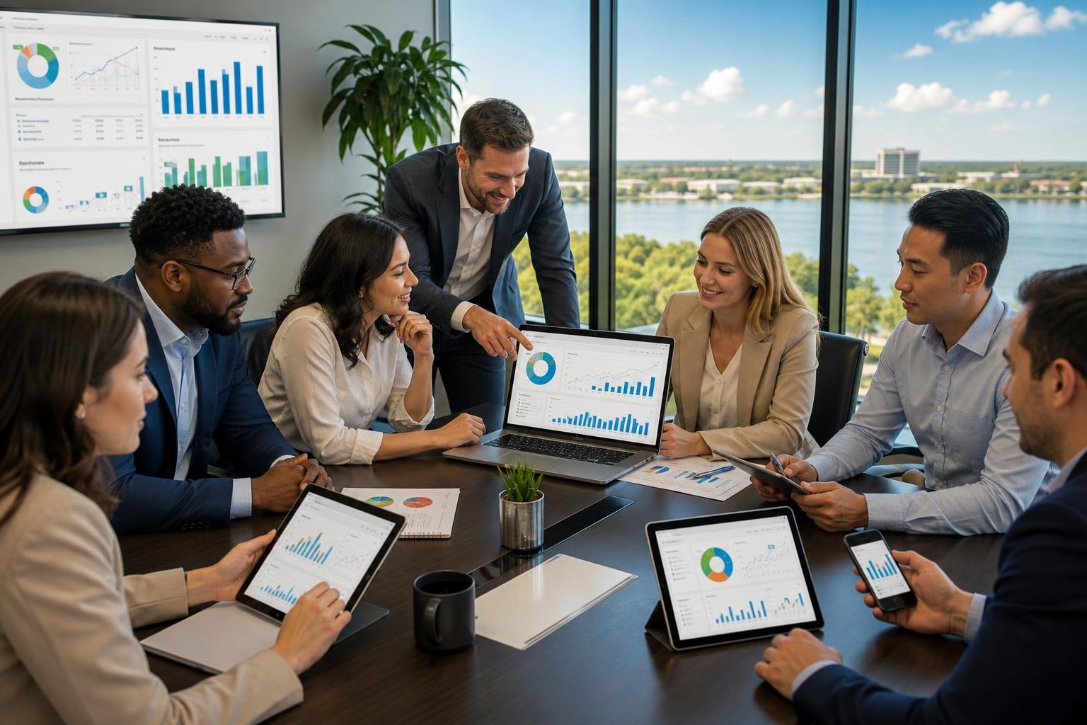 Business professionals collaborating around a table with laptops and digital devices showing charts, with a sunny view of Lake Jackson, Texas visible through large windows.