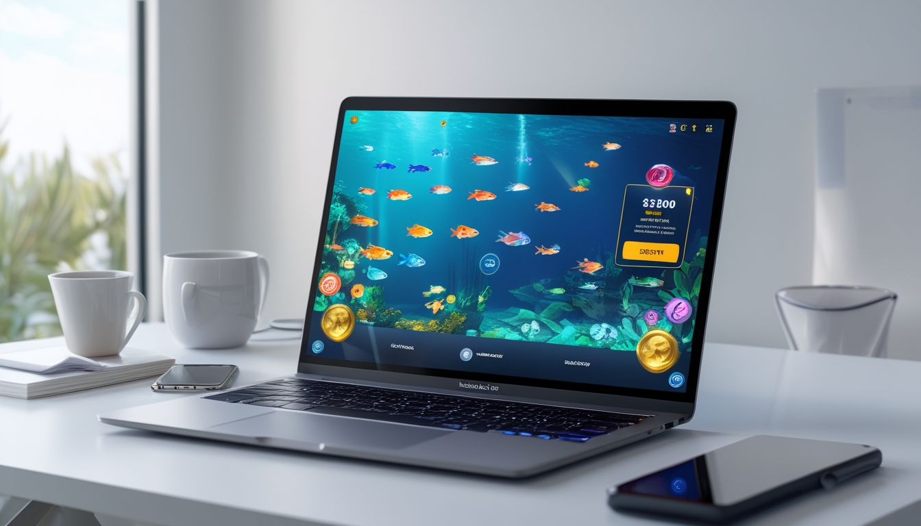 Layar laptop menampilkan permainan tembak ikan dengan ikan berwarna-warni dan ikon jackpot, di meja kerja dengan kopi dan ponsel.