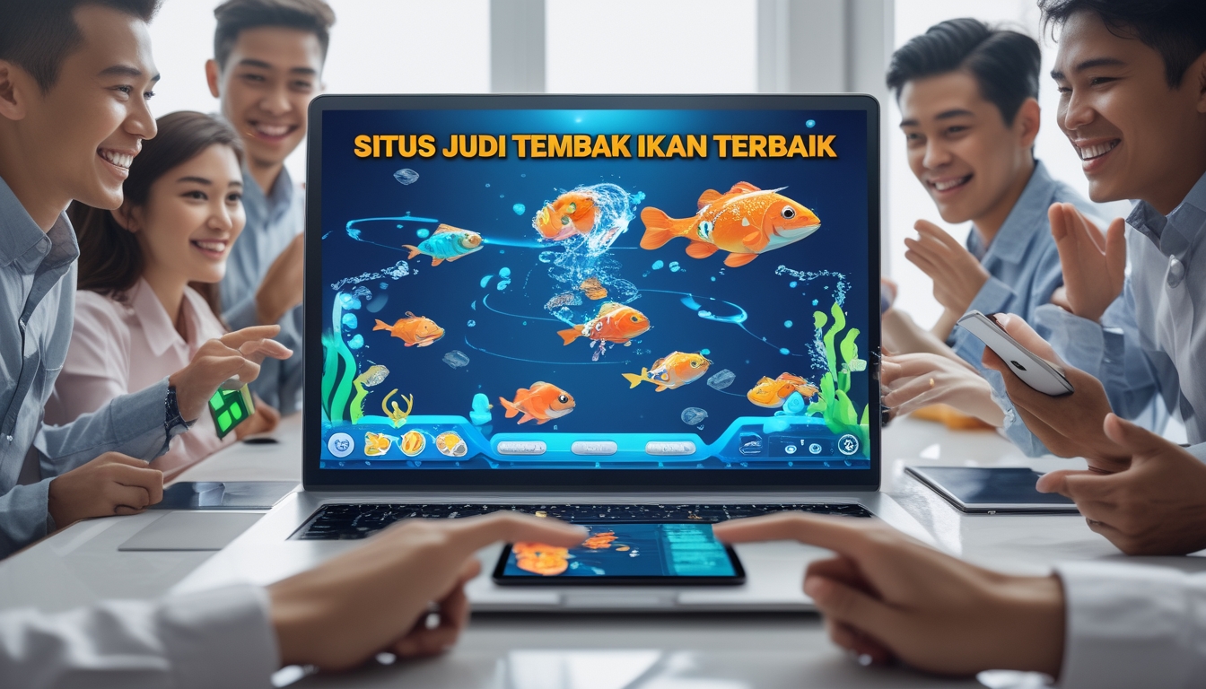 Beberapa orang muda sedang bermain game tembak ikan di laptop dan ponsel dalam ruangan modern yang terang dan bersih.