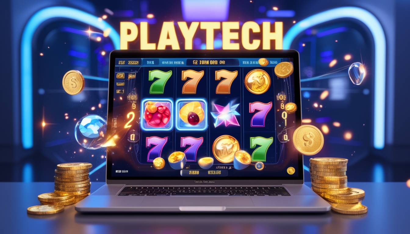 Seorang pemain menggunakan laptop dengan tampilan permainan slot online yang berwarna-warni dan simbol berputar, dikelilingi oleh koin dan ikon jackpot yang bersinar.