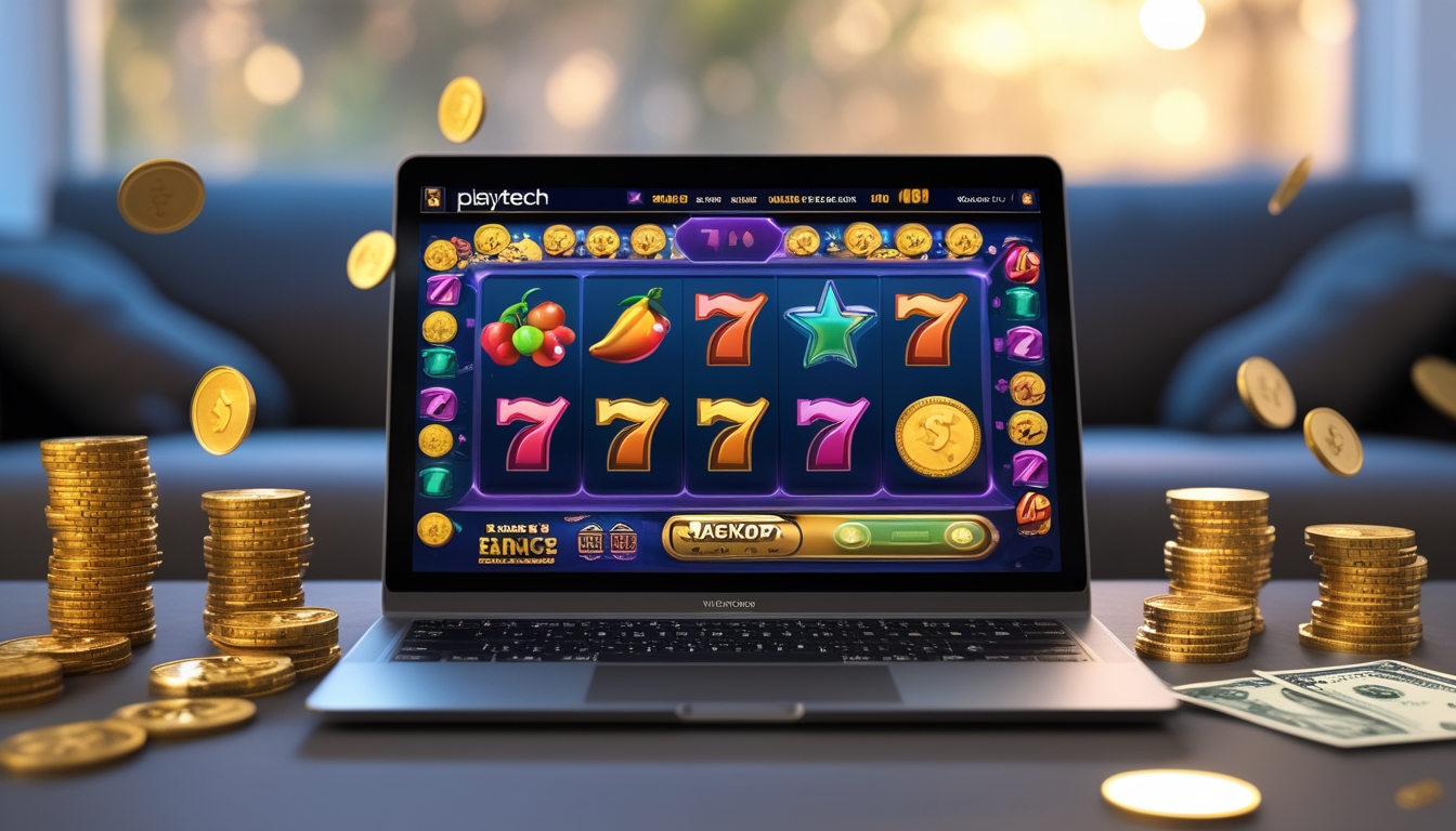 Seorang pengguna sedang bermain game slot online Playtech di komputer dengan koin dan simbol kemenangan di sekitarnya.