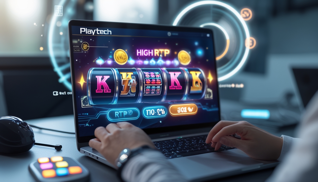 Seseorang menggunakan laptop dengan tampilan permainan slot online berwarna-warni di layar, di meja kerja yang rapi dan terang.