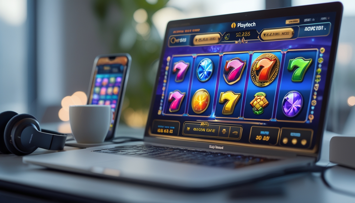 Seorang pengguna sedang melihat layar komputer dengan permainan slot online Playtech yang berwarna-warni di meja kerja yang rapi.