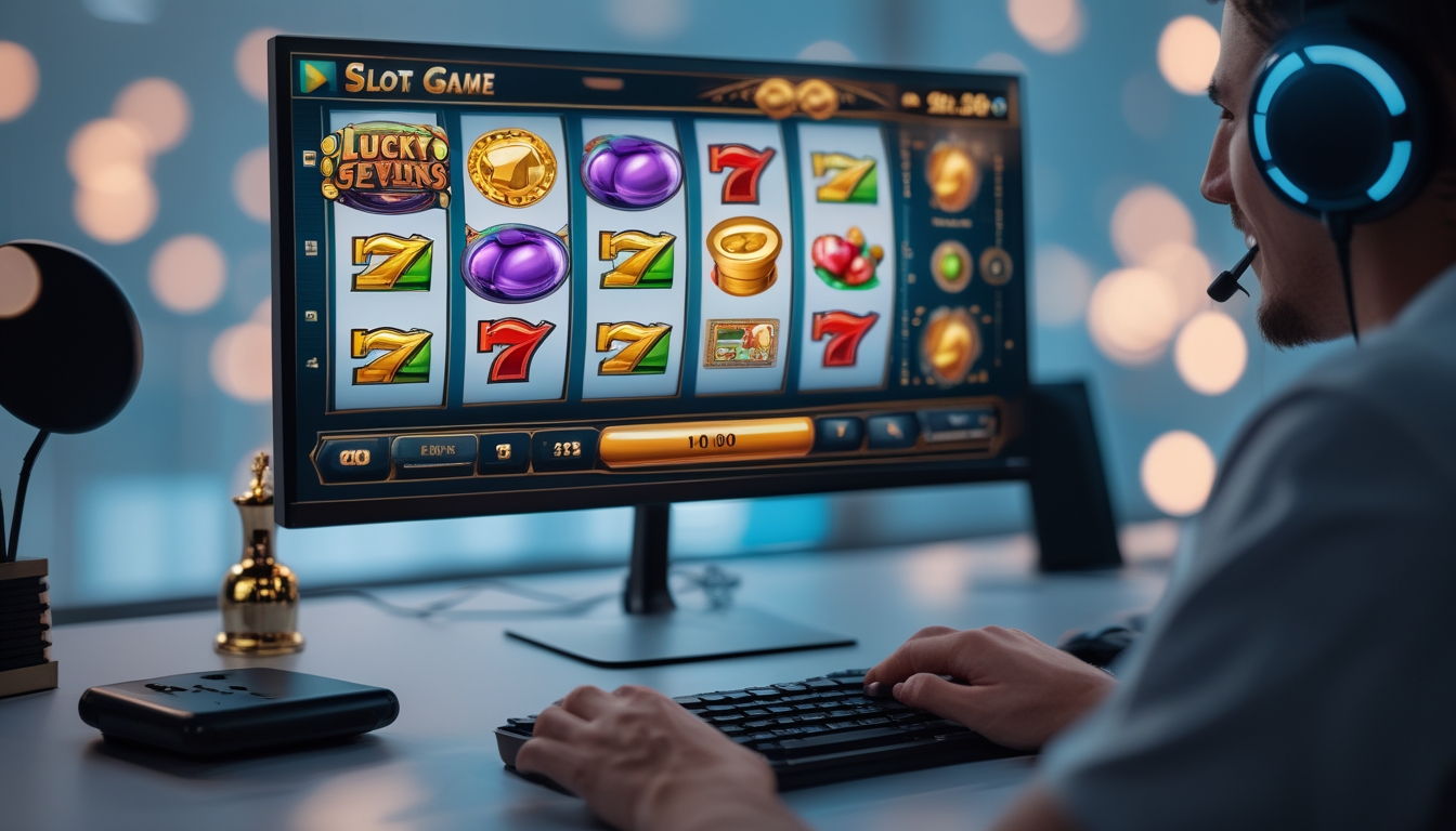 Seorang pemain menggunakan komputer dengan layar menampilkan permainan slot online berwarna-warni, di meja terdapat aksesori gaming seperti headphone dan ponsel.