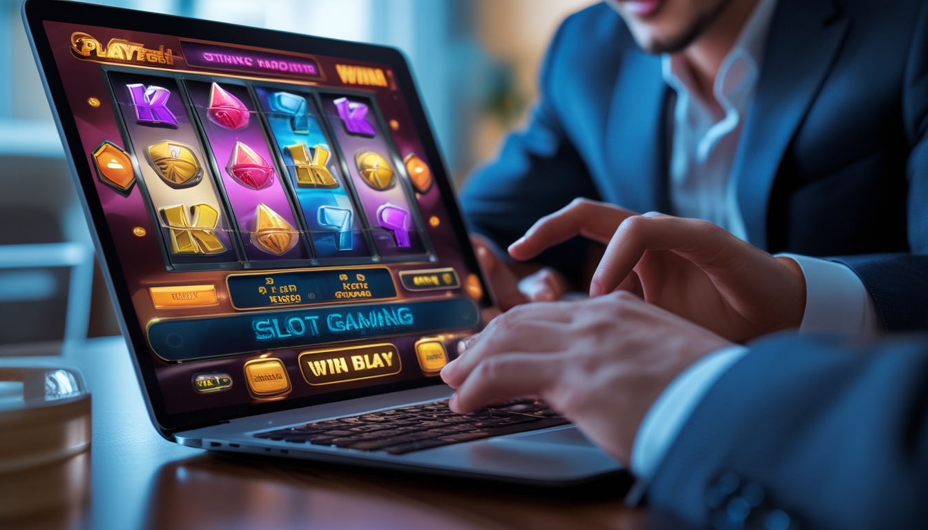 Seseorang sedang bermain mesin slot Playtech online di depan komputer dengan ekspresi fokus dan antusias.
