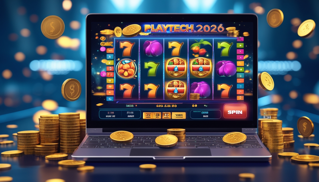 Seseorang bermain mesin slot online di komputer dengan tumpukan chip kasino dan koin emas di sekitarnya.