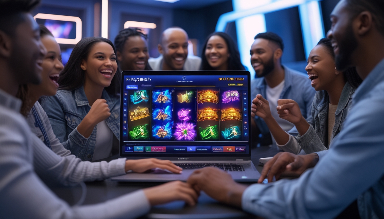 Beberapa orang bermain permainan slot online dengan layar komputer yang menampilkan grafik permainan yang cerah dan menarik.