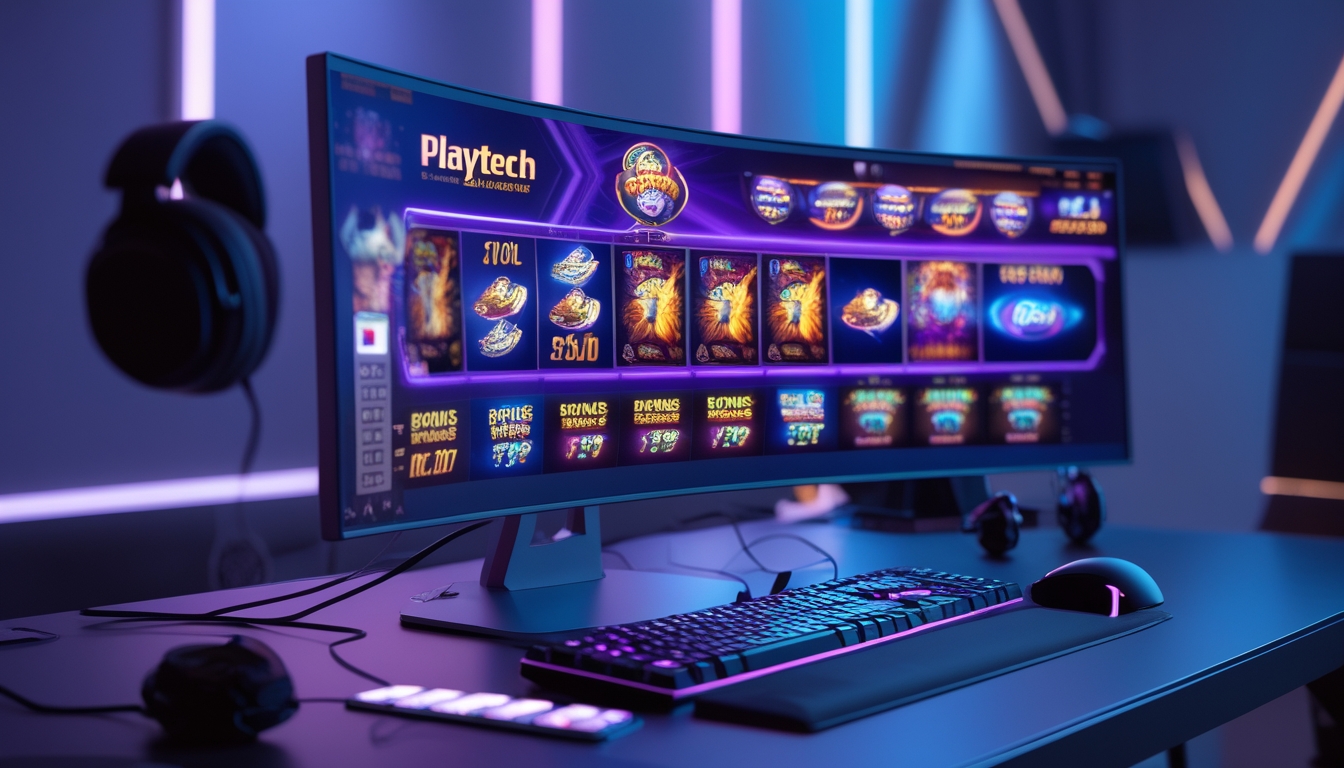 Sebuah meja komputer modern dengan monitor besar menampilkan permainan slot online Playtech yang penuh warna dan fitur bonus, dengan aksesoris gaming di sekitarnya dan pencahayaan ambient biru dan ungu.