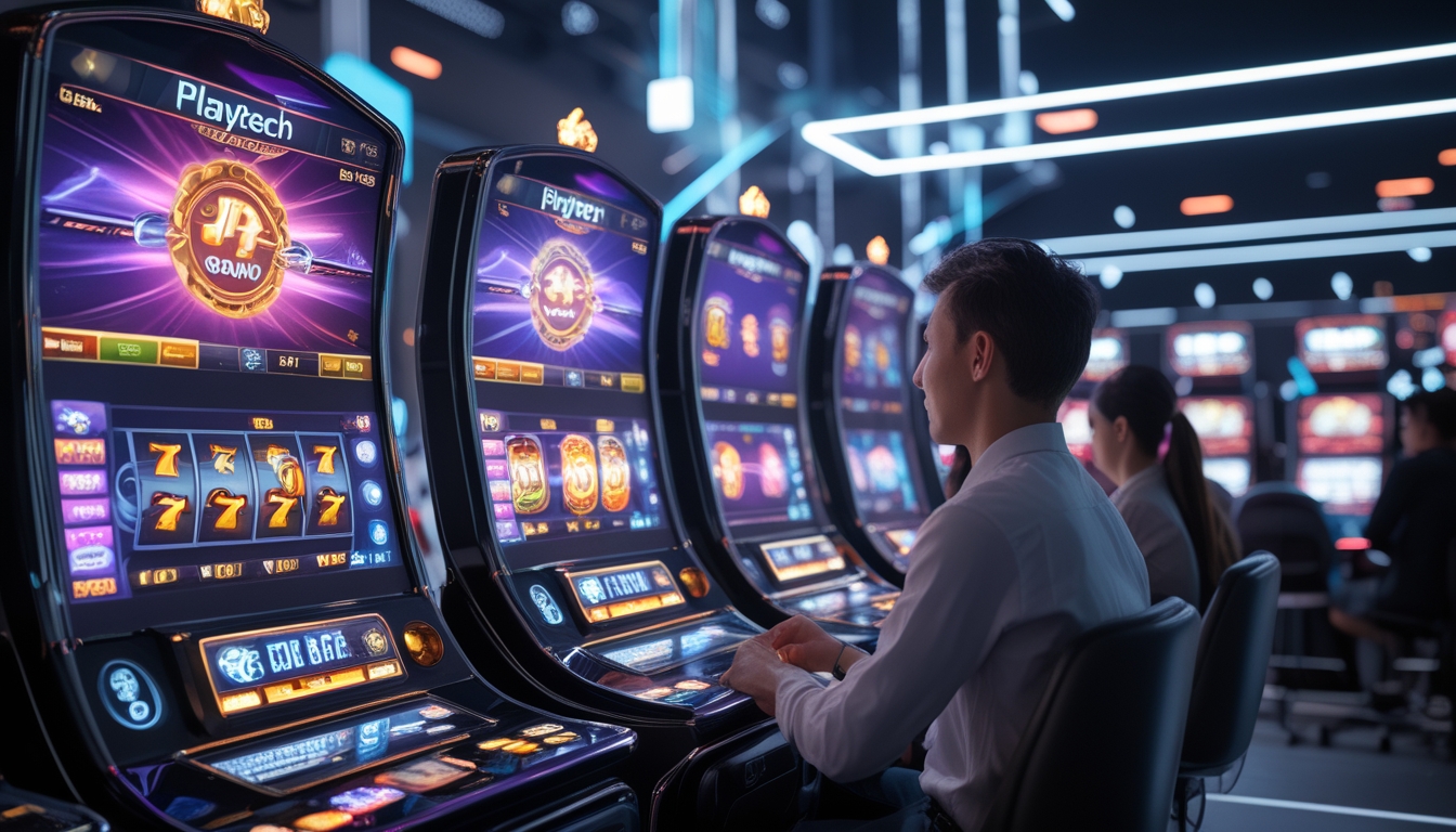 Suasana kasino digital modern dengan mesin slot Playtech yang menampilkan grafik warna-warni dan fitur bonus, serta beberapa pemain yang sedang bermain.