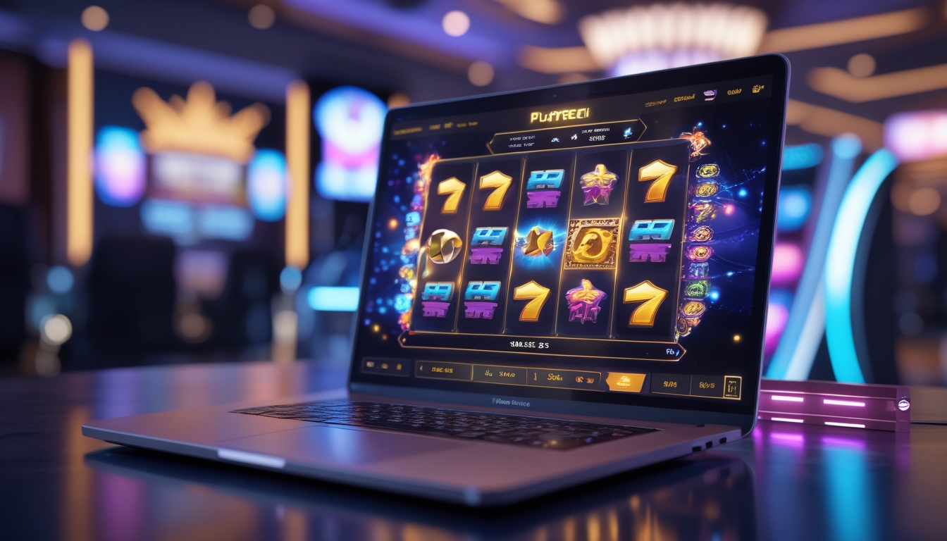 Tampilan layar laptop dengan permainan slot online yang sedang berjalan, dikelilingi oleh elemen digital dan suasana kasino yang modern.