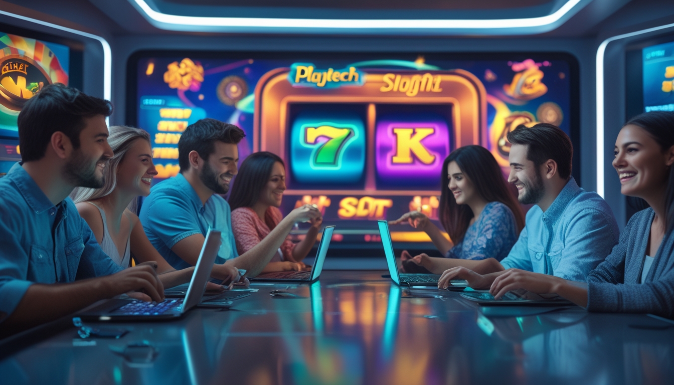 Beberapa orang muda sedang bermain permainan slot online di perangkat digital dalam ruangan modern yang cerah dan penuh semangat.