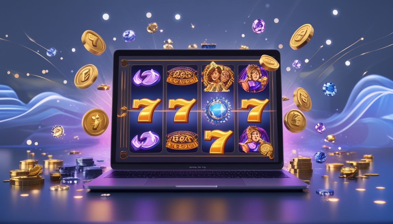 Seorang pemain menggunakan komputer dengan layar menampilkan permainan slot online yang penuh warna dan simbol jackpot.