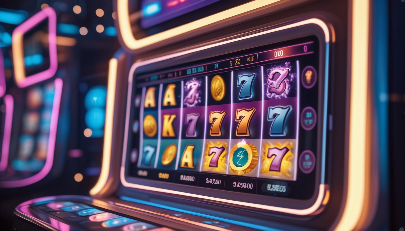 Layar mesin slot online dengan gulungan berwarna-warni yang berputar dan efek koin serta cahaya yang menonjolkan suasana kemenangan besar.