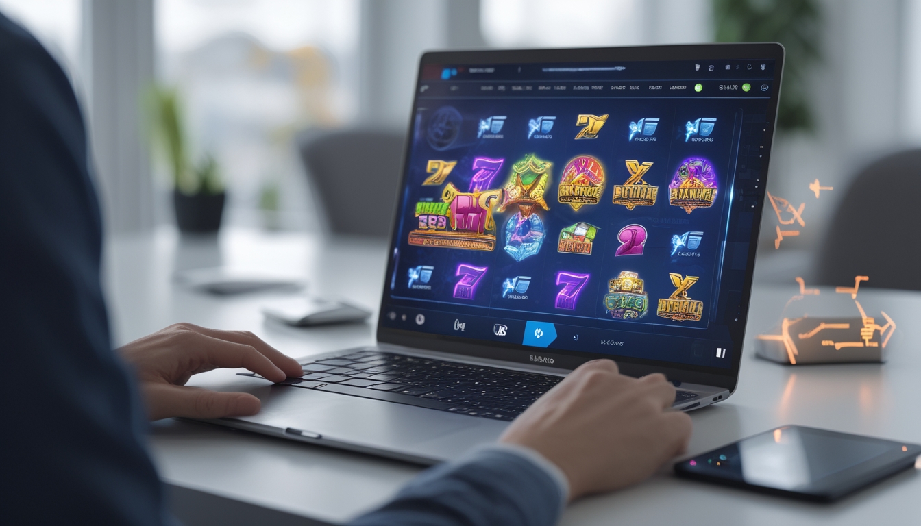Seseorang menggunakan komputer dengan tampilan permainan slot online yang berwarna-warni di layar dalam suasana ruangan yang nyaman.