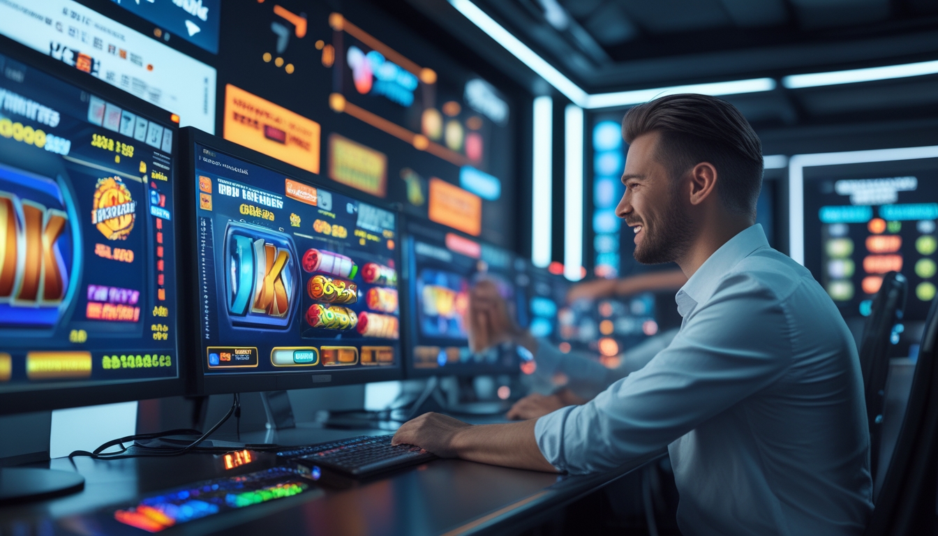 Seseorang sedang bermain permainan slot online di komputer dengan tampilan layar penuh simbol permainan dan suasana ruang modern.