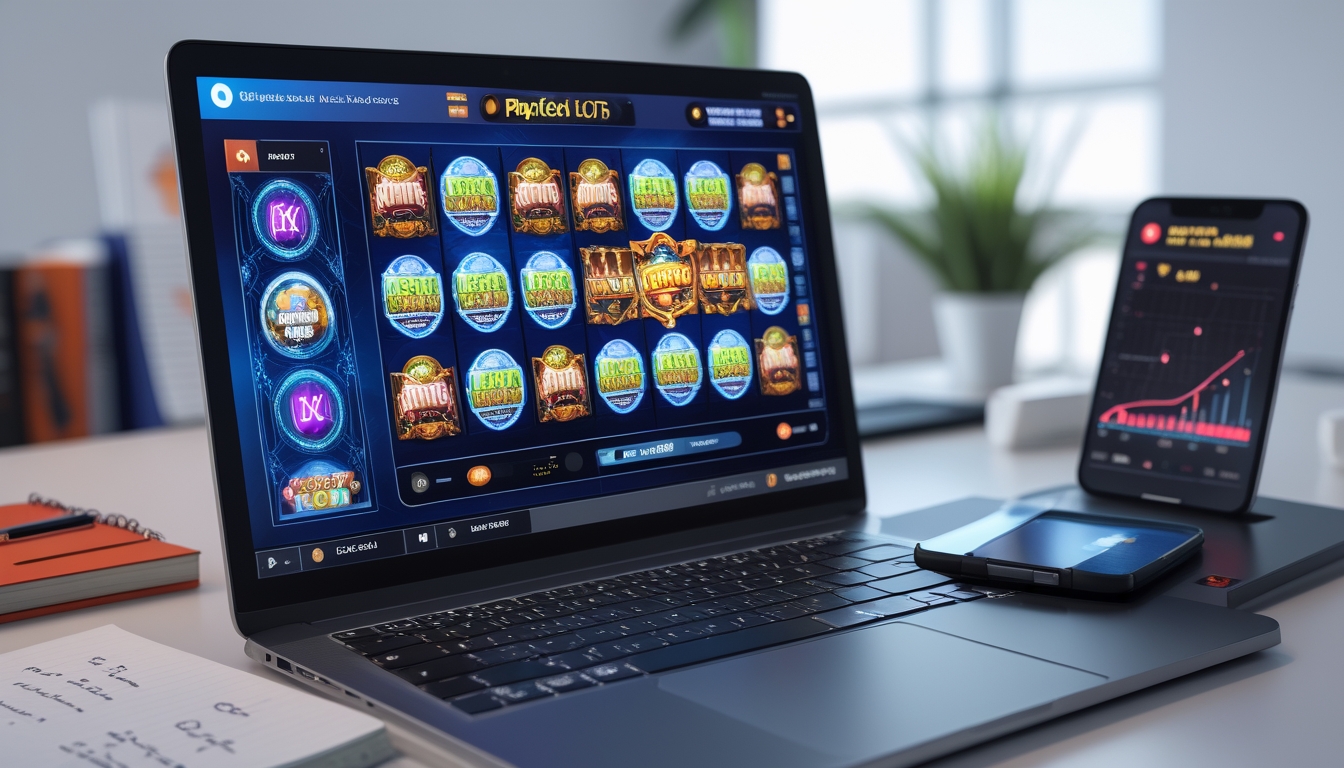 Seseorang sedang menggunakan komputer dengan permainan slot Playtech di layar, di meja terdapat buku catatan dan ponsel dengan statistik permainan.