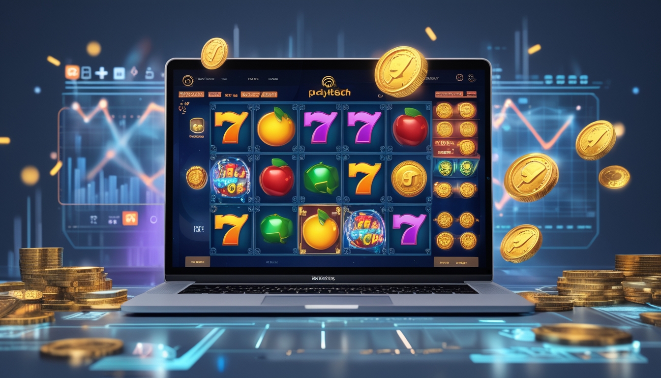 Layar komputer menampilkan permainan slot online Playtech dengan simbol warna-warni dan ikon jackpot di lingkungan gaming modern.