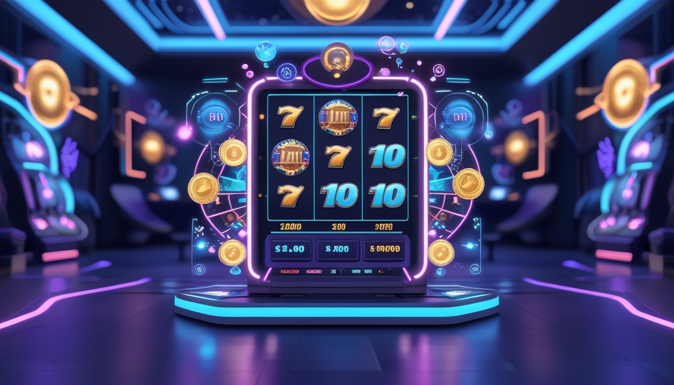 Mesin slot digital futuristik dengan simbol kemenangan dan elemen holografik di ruang permainan modern.