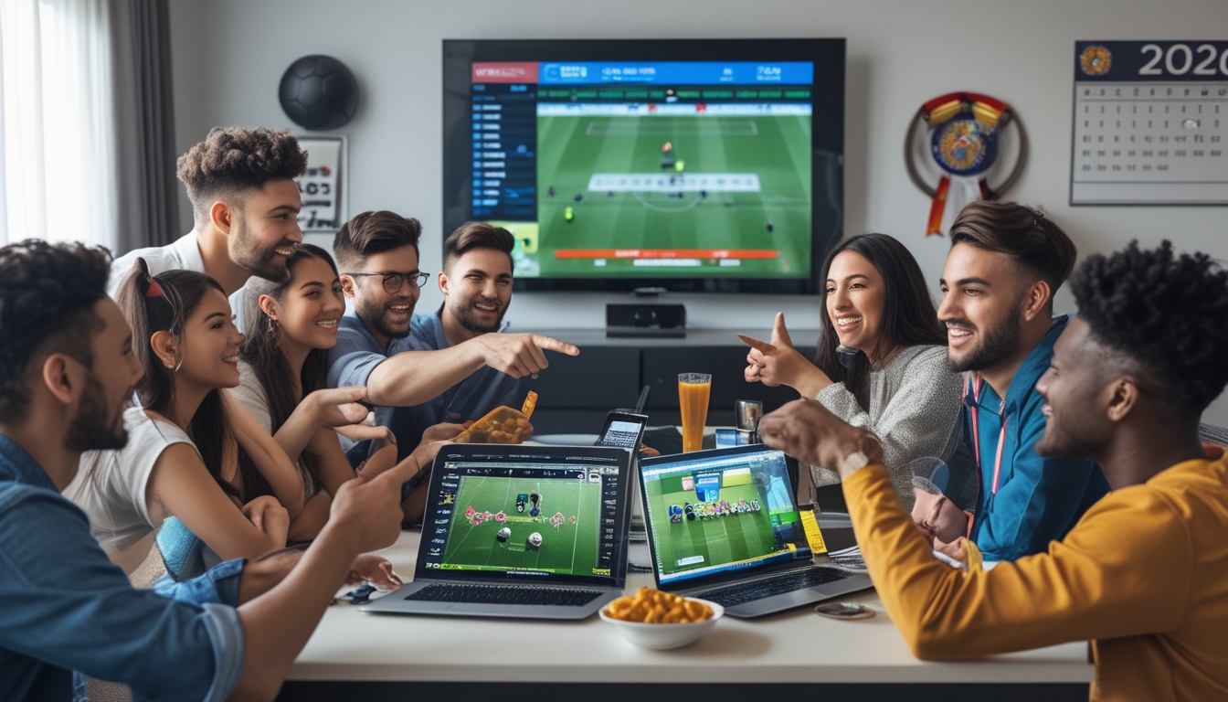 Sekelompok orang muda menonton pertandingan sepak bola di ruang tamu sambil menggunakan perangkat elektronik untuk taruhan.