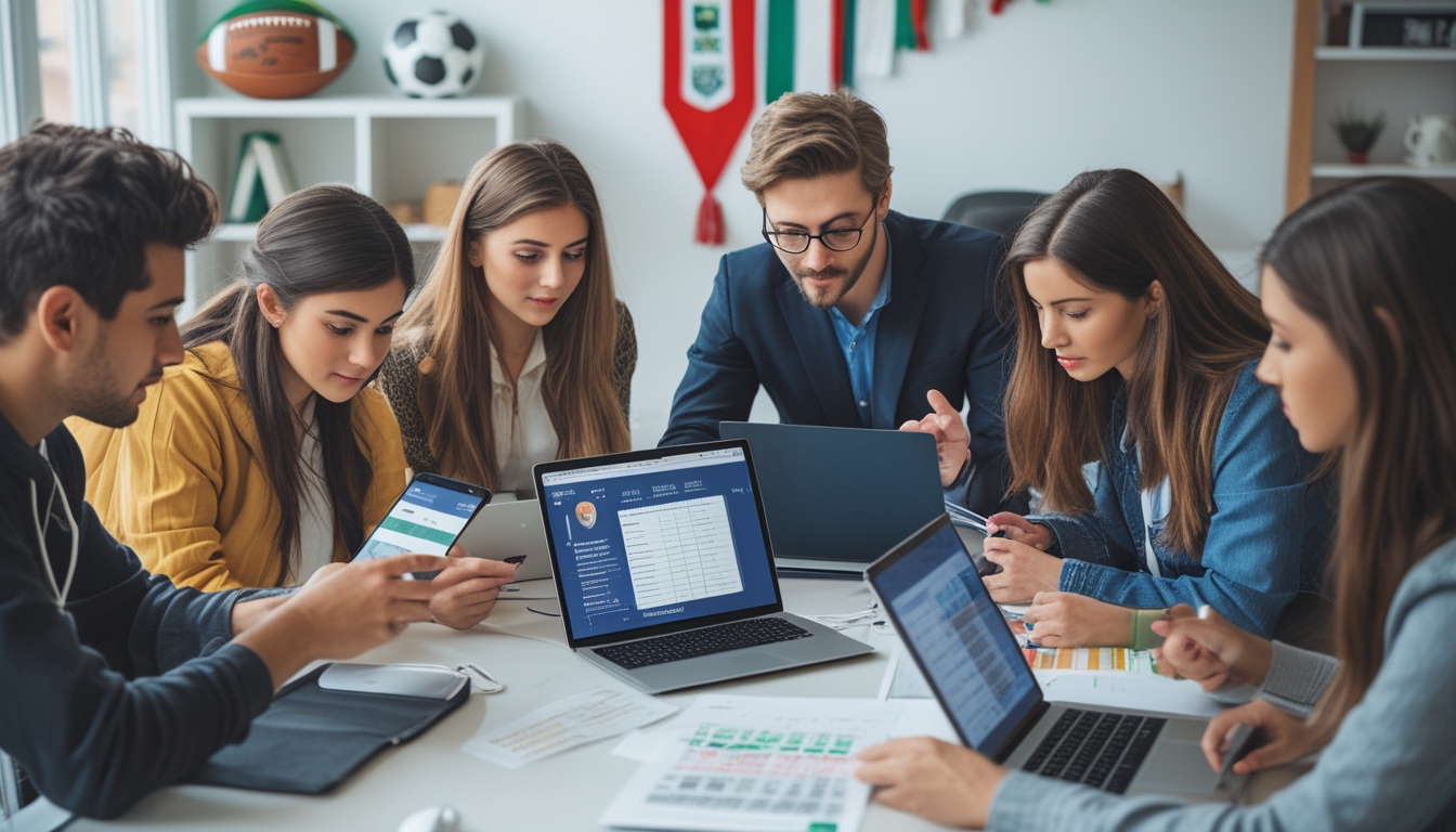 Sekelompok orang muda sedang berdiskusi dan menganalisis data taruhan sepak bola di sebuah ruang kerja modern dengan laptop dan ponsel.