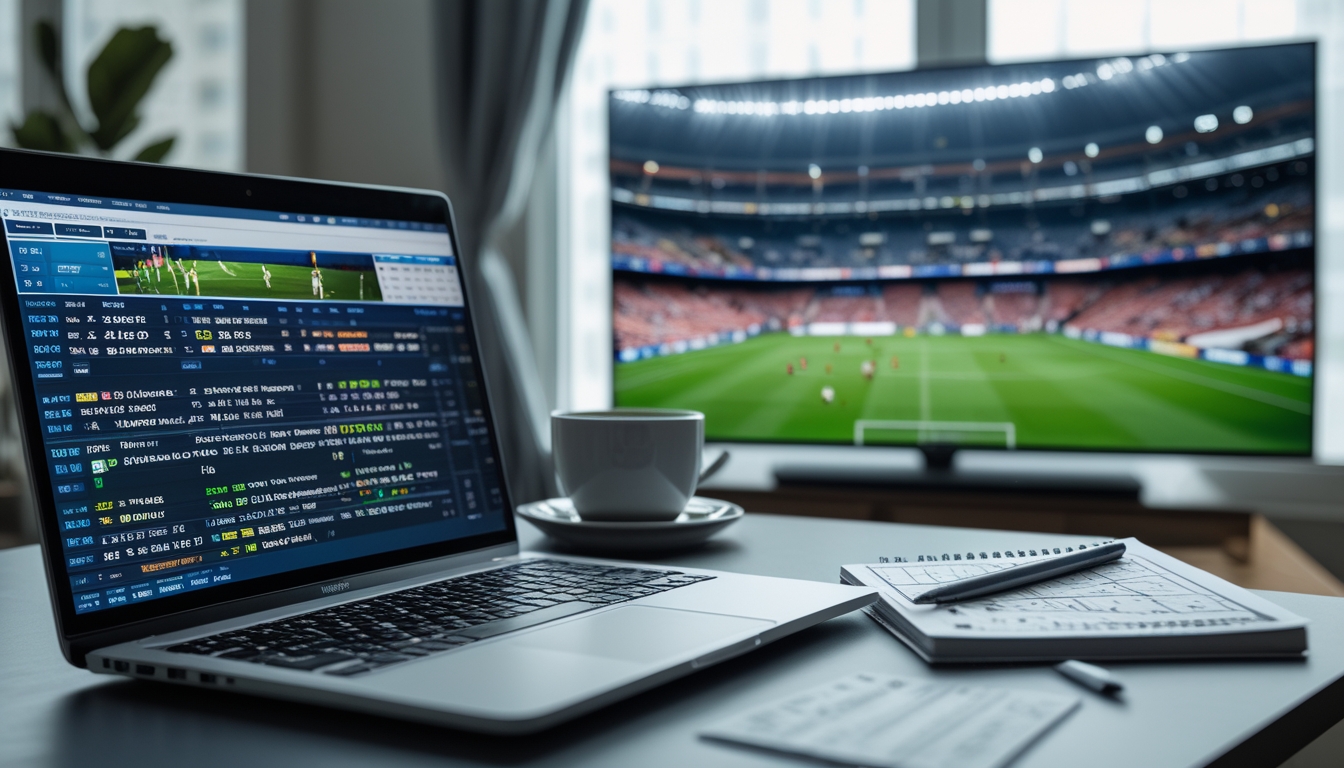 Meja kerja dengan laptop yang menampilkan statistik pertandingan sepak bola dan catatan strategi, dengan televisi yang menayangkan pertandingan sepak bola di latar belakang.