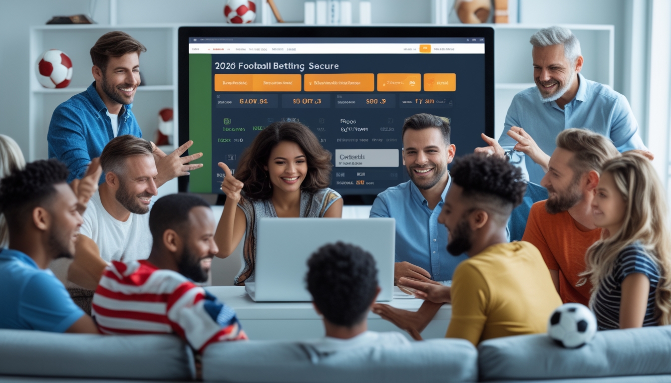 Sekelompok orang dewasa yang antusias sedang menggunakan laptop dan layar digital untuk bertaruh pada pertandingan sepak bola dengan suasana yang cerah dan modern.