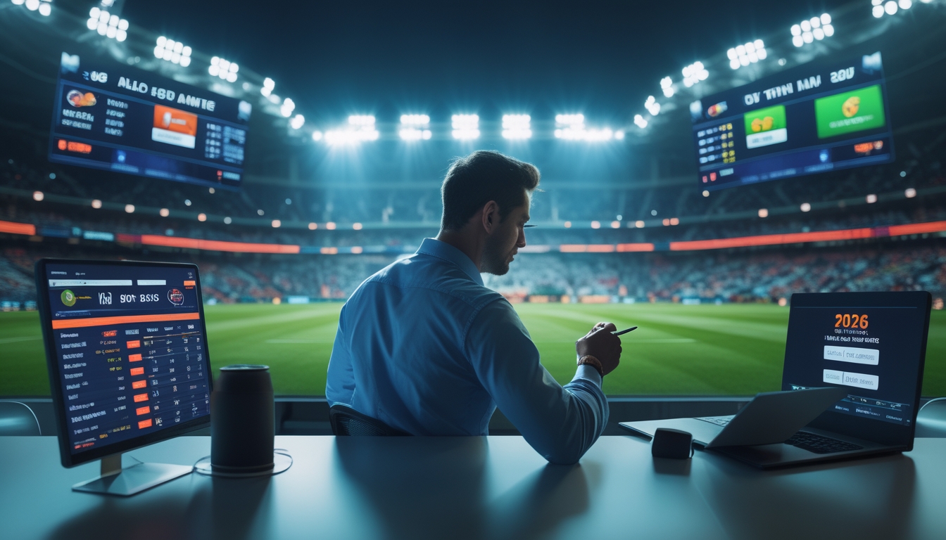 Seorang analis pria sedang mempelajari data taruhan pertandingan sepak bola dengan latar belakang stadion yang penuh penonton dan suasana pertandingan yang semarak.