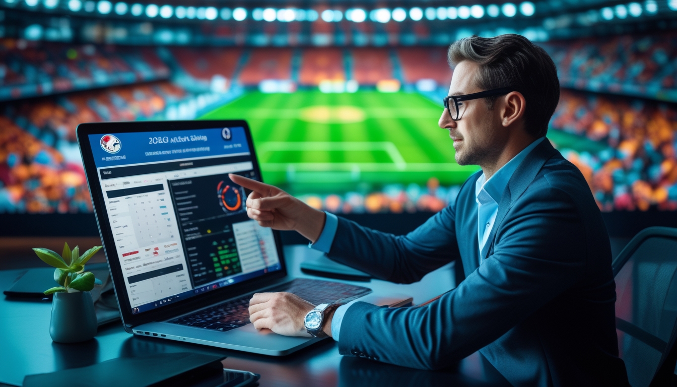 Seorang analis sepak bola sedang menunjuk layar dengan statistik pertandingan dan grafik di meja kerja, latar belakang menampilkan stadion sepak bola dengan pertandingan yang sedang berlangsung.