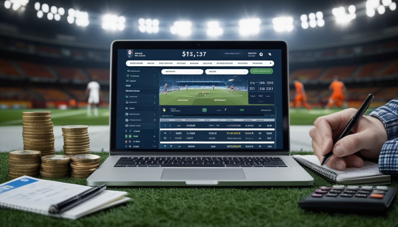 Seorang pria duduk di depan laptop dengan tampilan situs taruhan sepak bola, dikelilingi uang dan alat tulis, dengan stadion sepak bola dan pemain yang sedang bertanding di latar belakang.