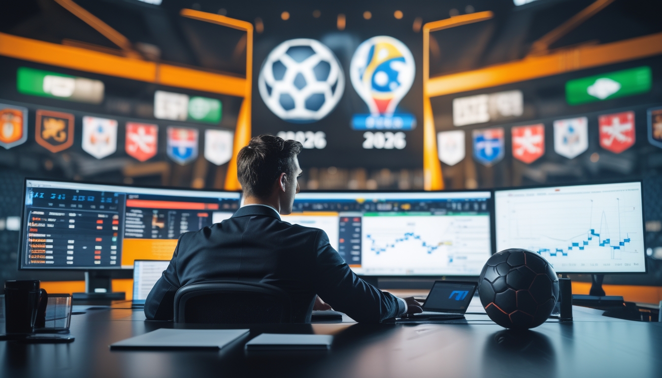 Seorang analis olahraga sedang meninjau data pertandingan sepak bola dengan layar komputer dan grafik statistik di meja kerjanya.