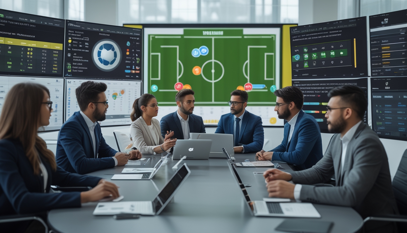 Sekelompok analis sepak bola sedang berdiskusi dan melihat data pertandingan di kantor modern.