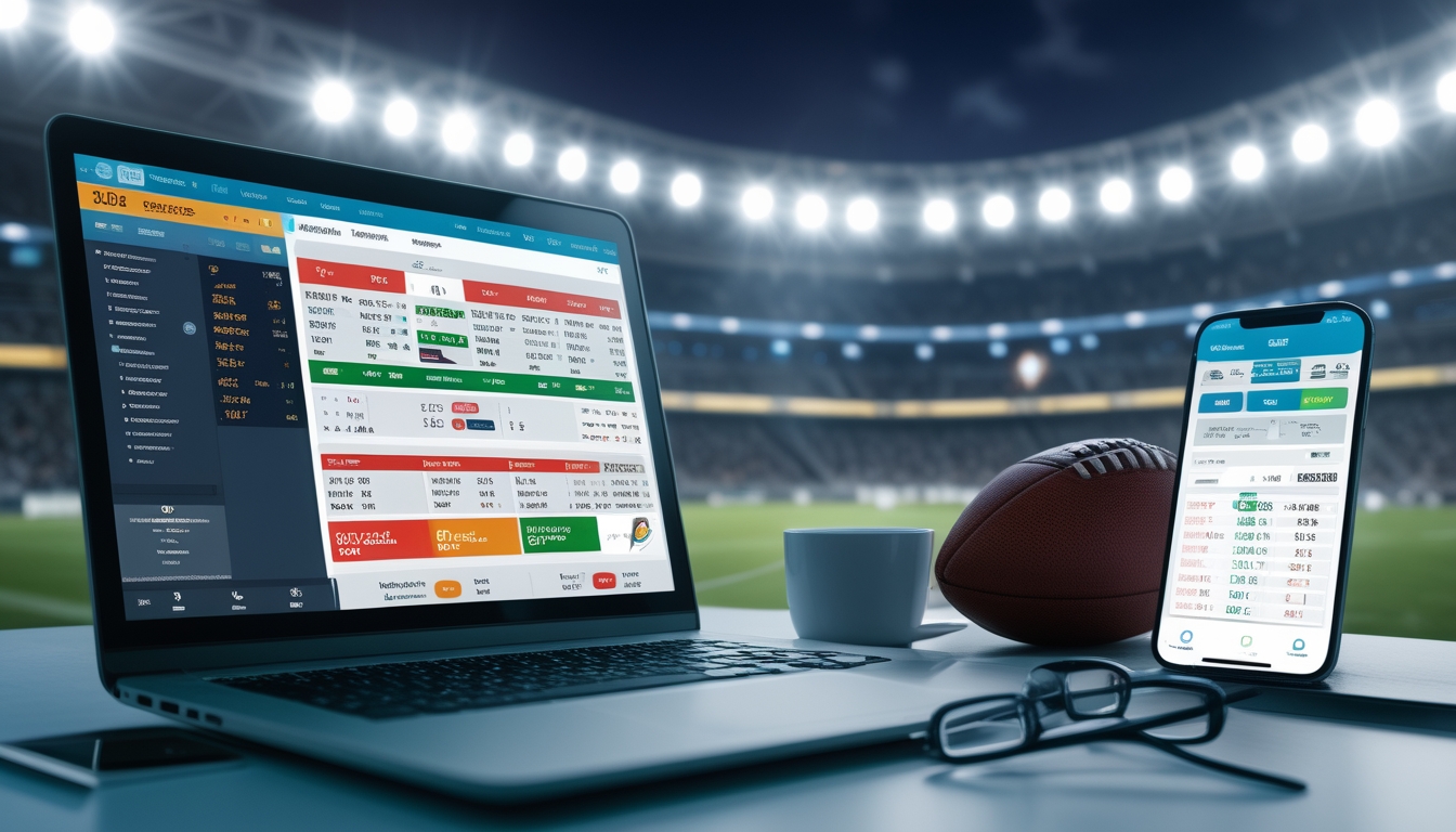 Meja kerja dengan laptop dan ponsel yang menampilkan statistik dan peluang pertandingan sepak bola, dengan bola kecil dan latar belakang stadion sepak bola penuh penonton.