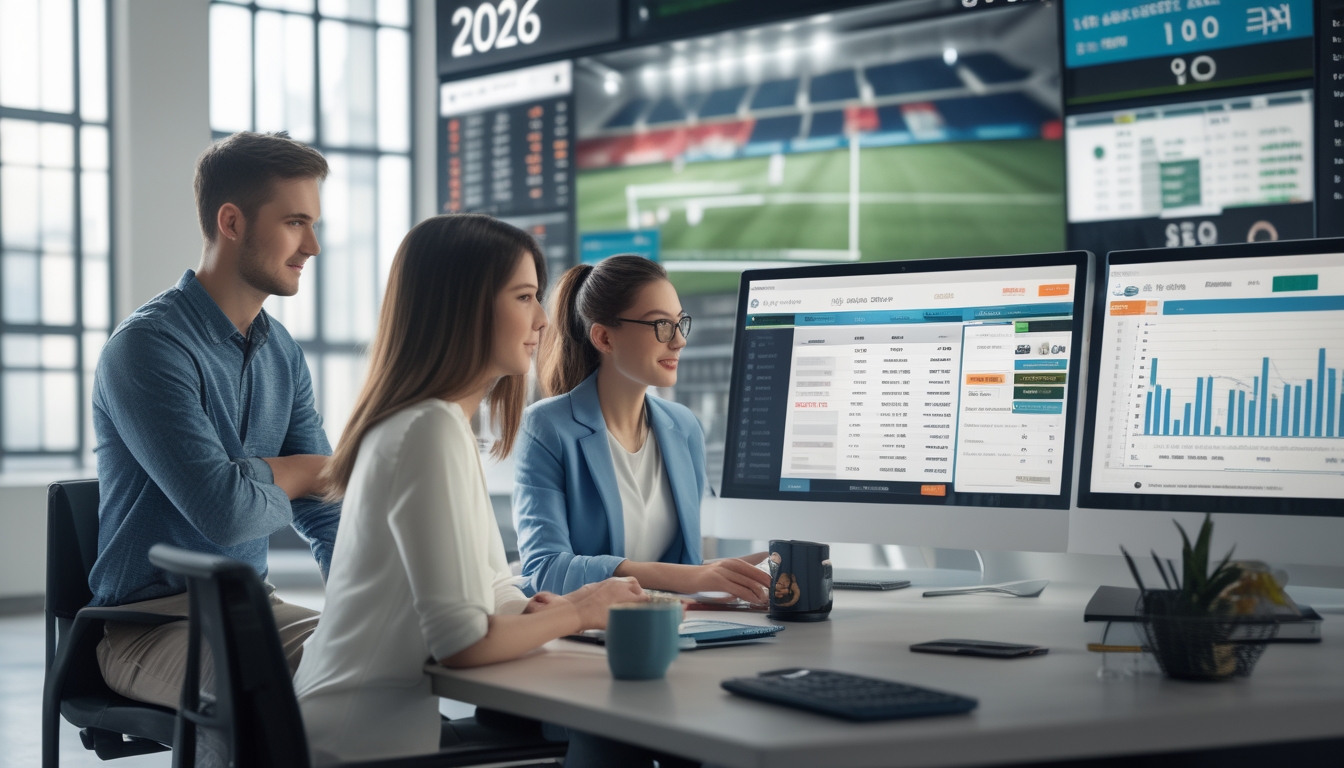 Dua orang sedang menganalisis data taruhan sepak bola di kantor dengan layar komputer dan grafik keuangan.
