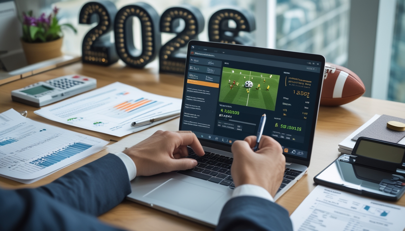 Meja kerja dengan laptop menampilkan statistik pertandingan sepak bola, dokumen keuangan, kalkulator, dan bola sepak di atas meja.