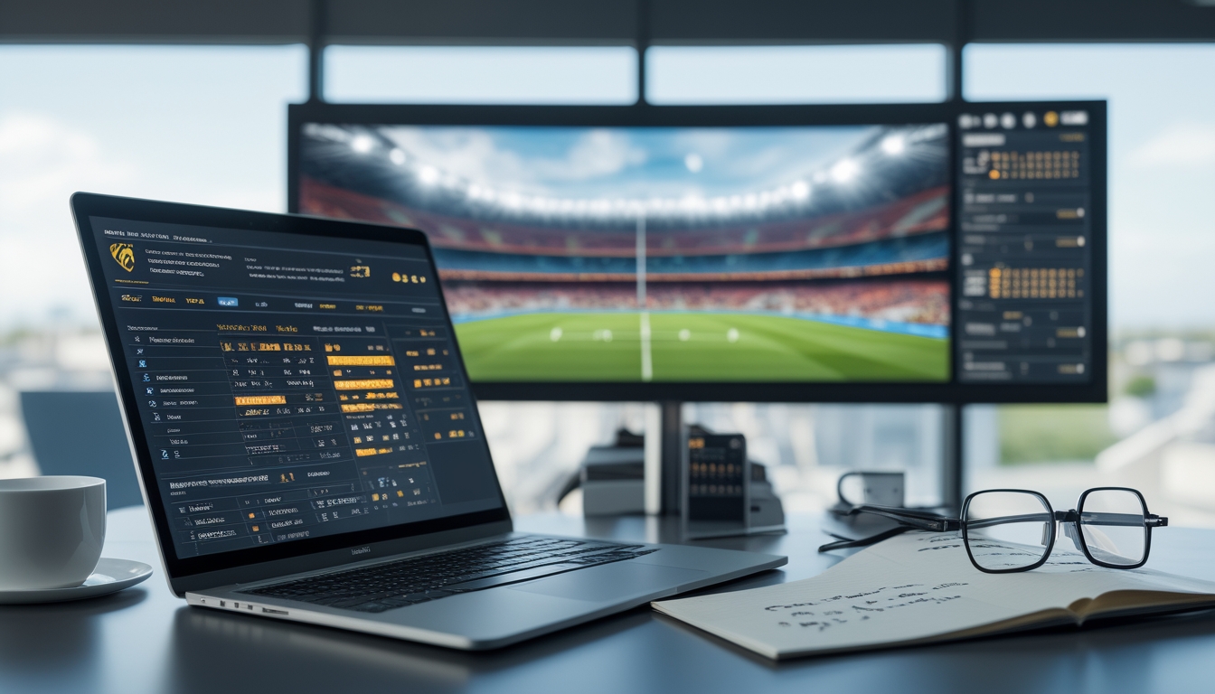 Seorang pria duduk di meja kerja dengan laptop yang menampilkan statistik sepak bola, layar besar menunjukkan stadion sepak bola penuh penonton, dan alat tulis di meja.