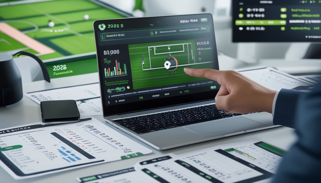 Sebuah ruang kerja dengan laptop yang menampilkan statistik sepak bola dan grafik, tangan menunjuk ke layar, dengan layar digital di latar belakang memperlihatkan tata letak lapangan sepak bola dan data pemain.