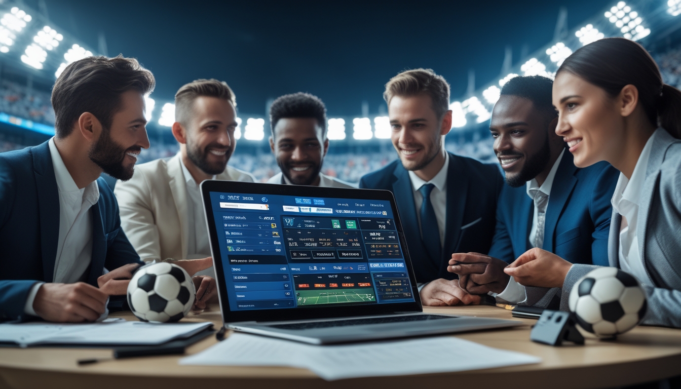 Sekelompok orang sedang melihat layar digital dengan statistik dan peluang taruhan pertandingan sepak bola di latar stadion penuh penonton.