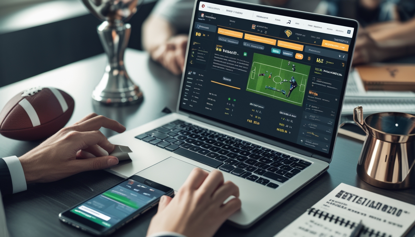 Seseorang sedang menggunakan laptop dan tablet di meja kerja dengan bola sepak dan trofi kecil di latar belakang.