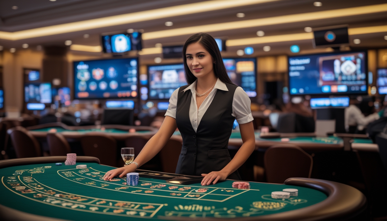 Seorang dealer kasino nyata berdiri di belakang meja permainan dengan kartu dan chip, dikelilingi oleh layar komputer yang menampilkan permainan kasino langsung.